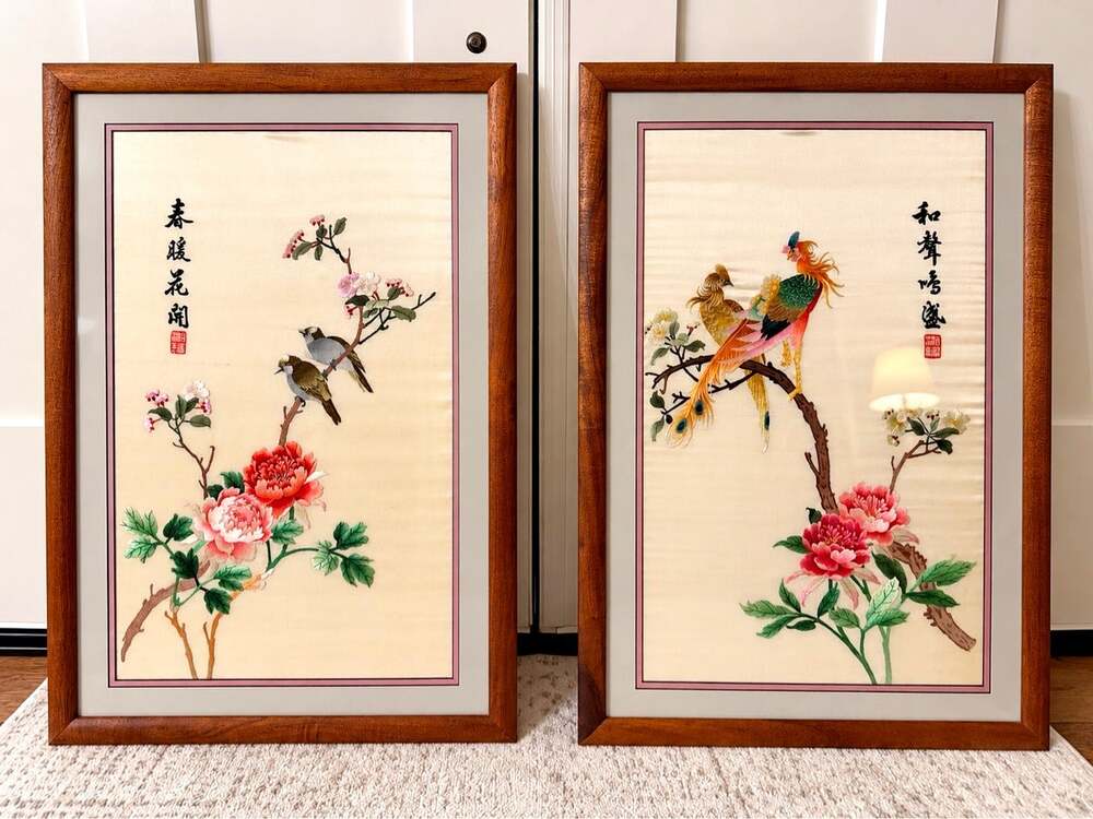 Vintage Chinese Silk Embroidery PAIR Framed Birds Peonies Calligraphy Decor